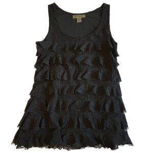 August Silk black knit ruffle stretch top S